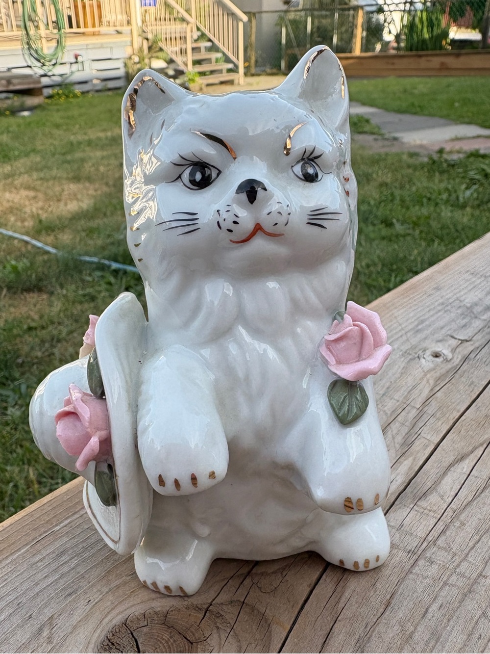 Vintage Cat with Hat and Gold Accents Figurine